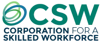 Logo for the Corporation for a Skilled Workforce, featuring the initials "CSW" and a circular abstract design in blue and green.