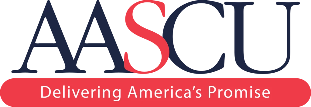 AASCU logo with the slogan "Delivering America’s Promise" in white text on a red background below the acronym.