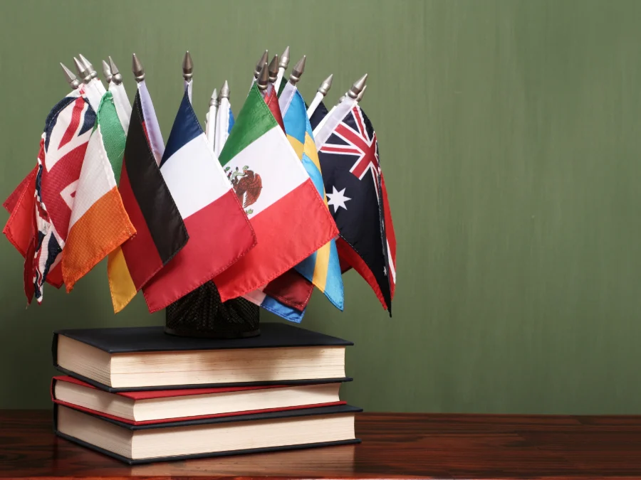 A group of small international flags is displayed in a holder on top of a stack of three books against a green background.