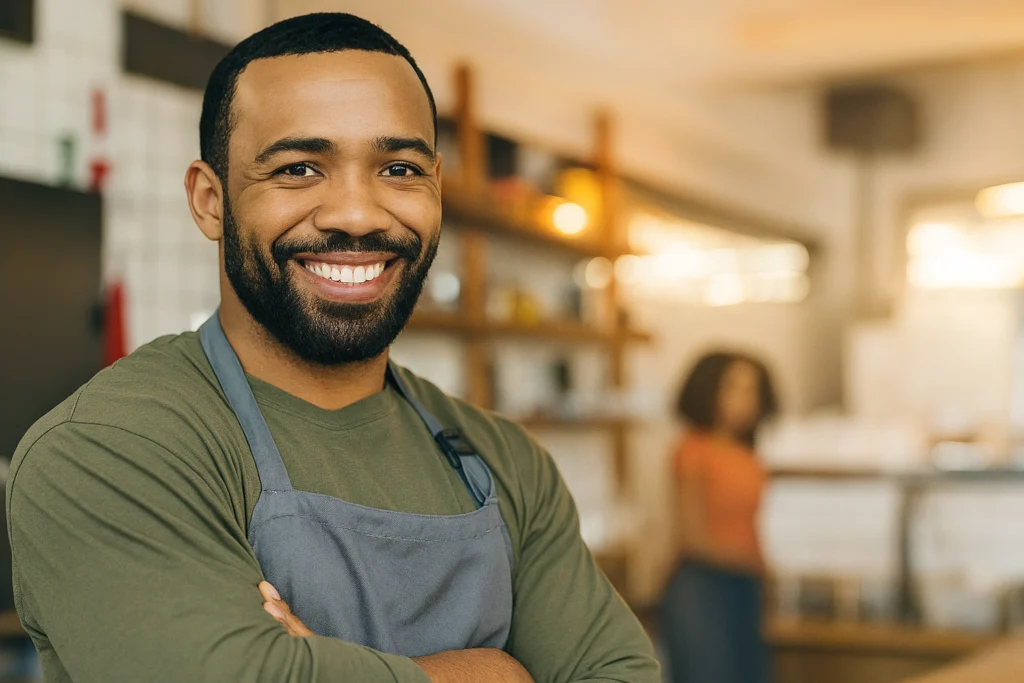 Man wearing a gray apron and green shirt smiling with arms crossed in a well-lit café or restaurant, with shelves and another person in the blurred background.
