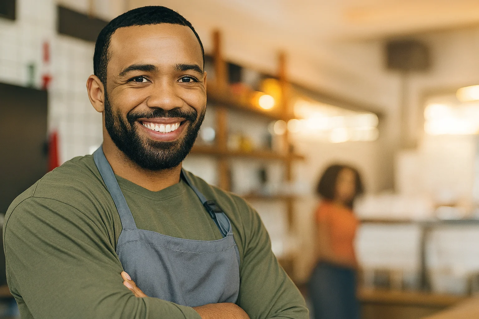 Man wearing a gray apron and green shirt smiling with arms crossed in a well-lit café or restaurant, with shelves and another person in the blurred background.