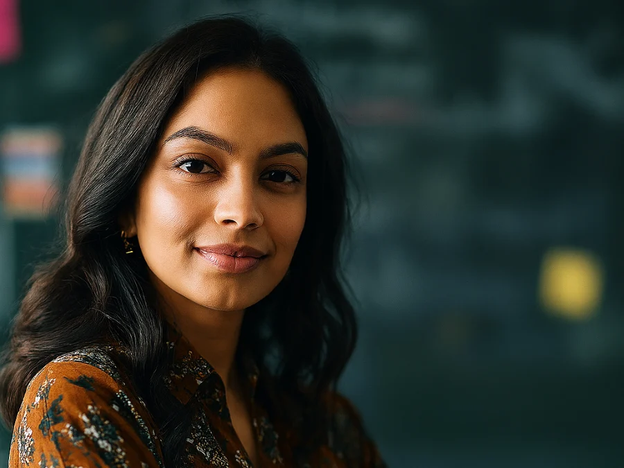 A woman with long dark hair and a brown patterned shirt stands in front of a dark, blurred background, looking at the camera with a slight smile.