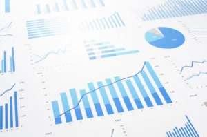 Various blue bar graphs, line charts, and a pie chart are displayed on a white background, illustrating financial or business data.